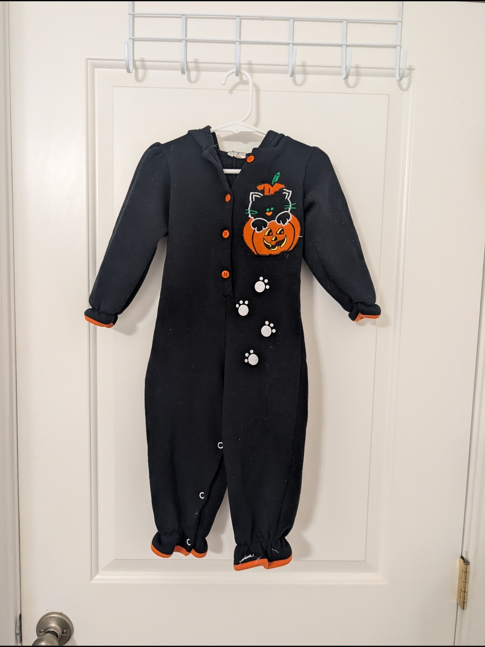 Vintage Black Cat Pumpkin Halloween Costume 9-12M Hooded Romper